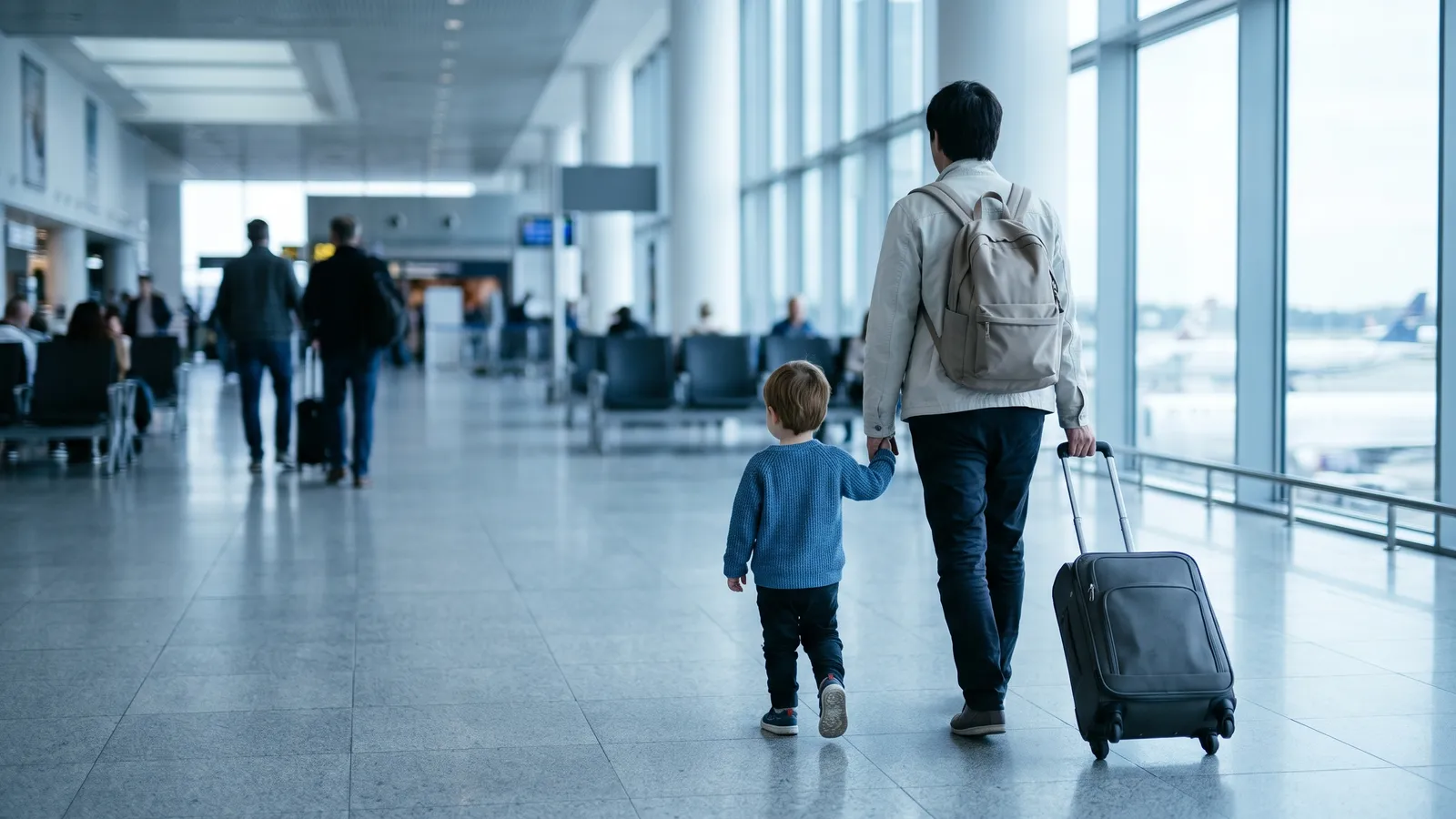 A parent and a young child walking through an airport terminal with a suitcase
