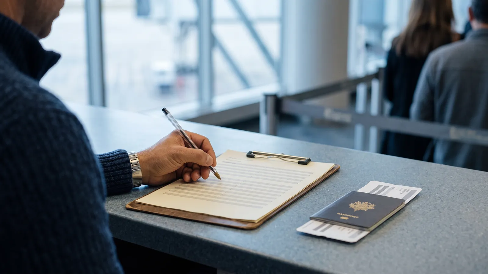 A traveler filling in a form on a clipboard at an airport counter