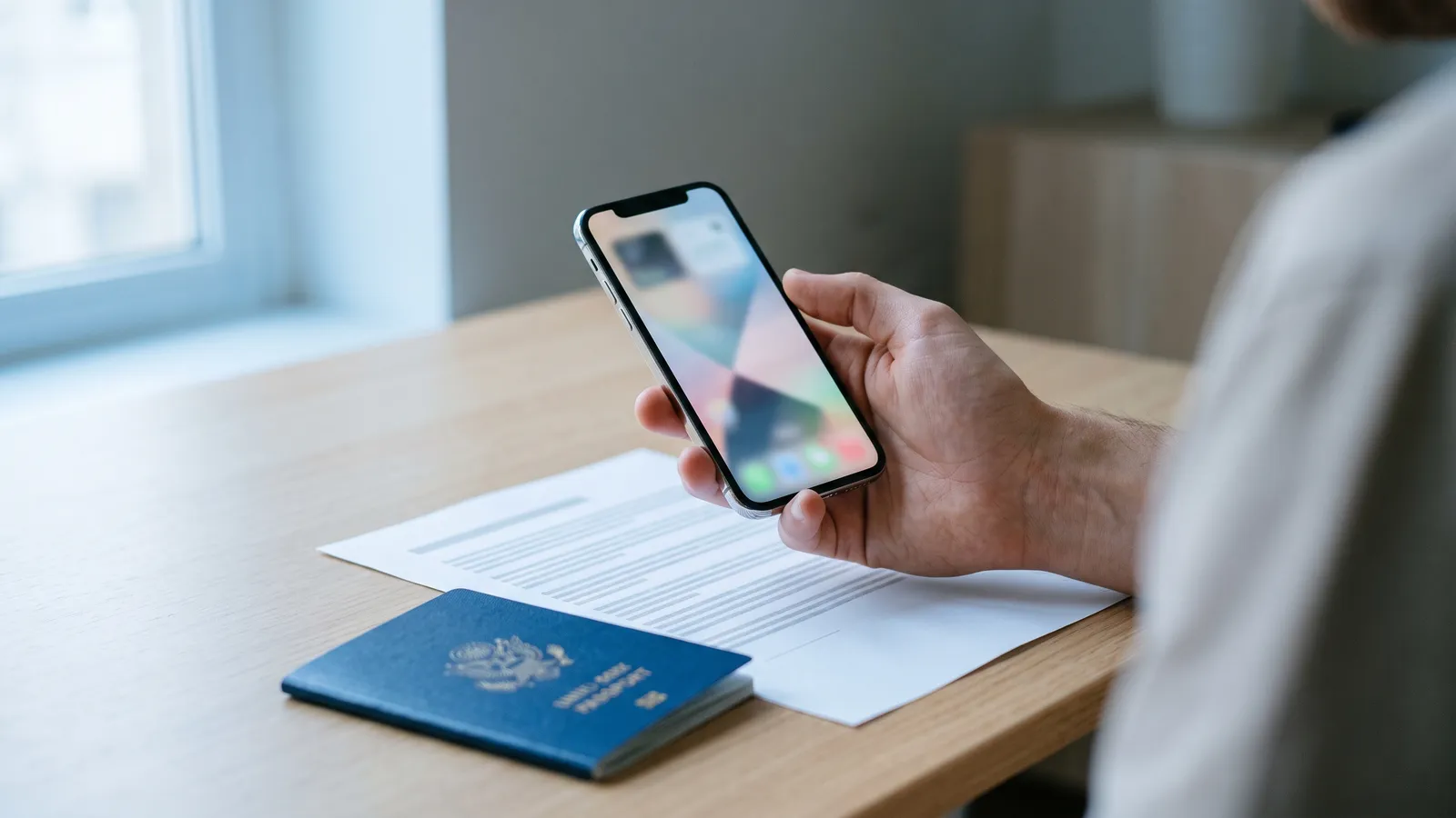 A phone showing an application screen above a passport and a printed document