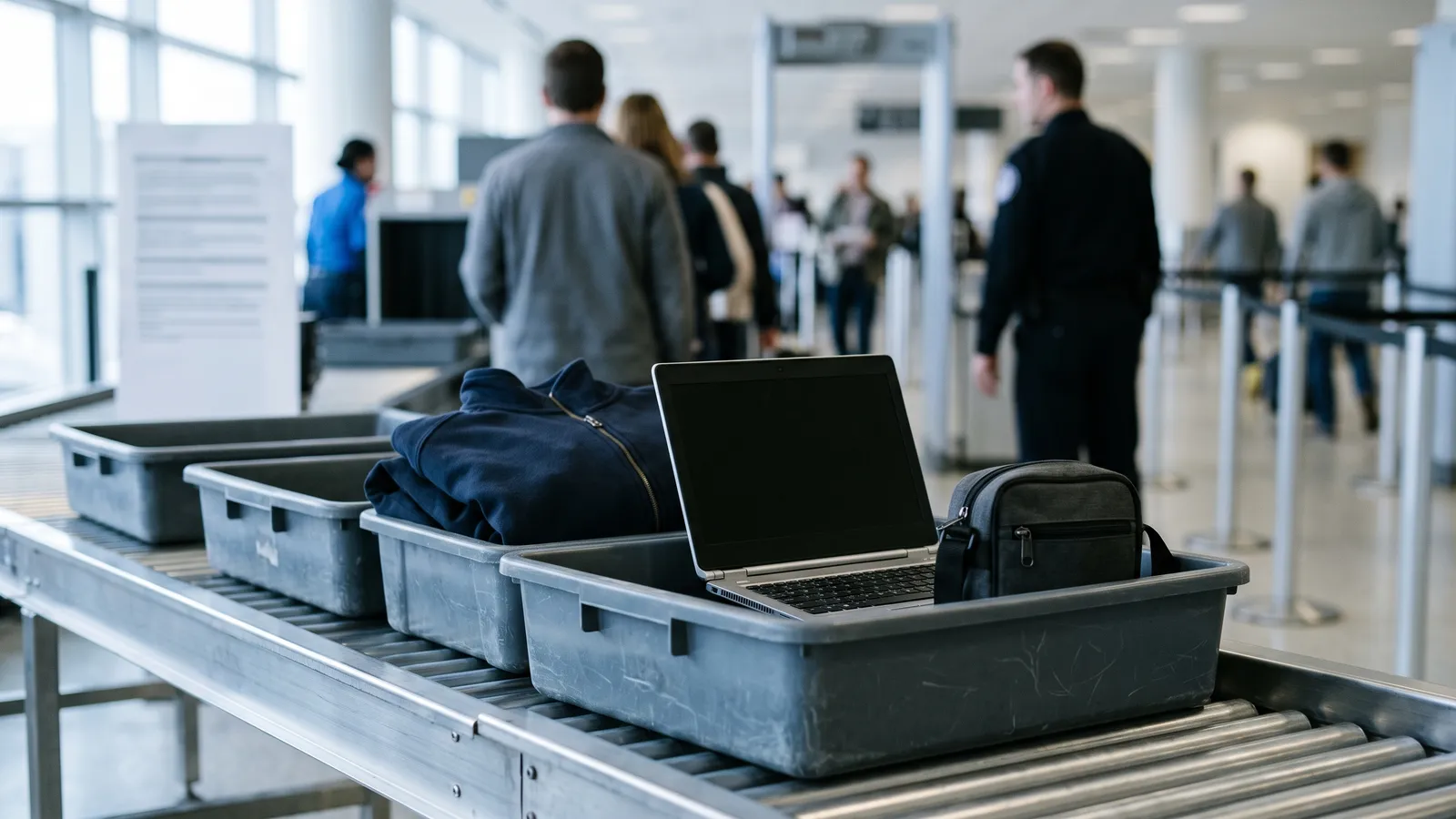 Trays with a jacket, a laptop and a bag at an airport security checkpoint