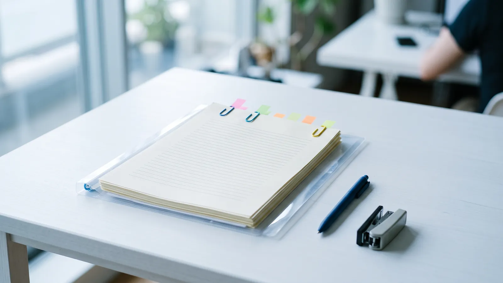 Visa application papers in a clear folder with clips and colored tabs